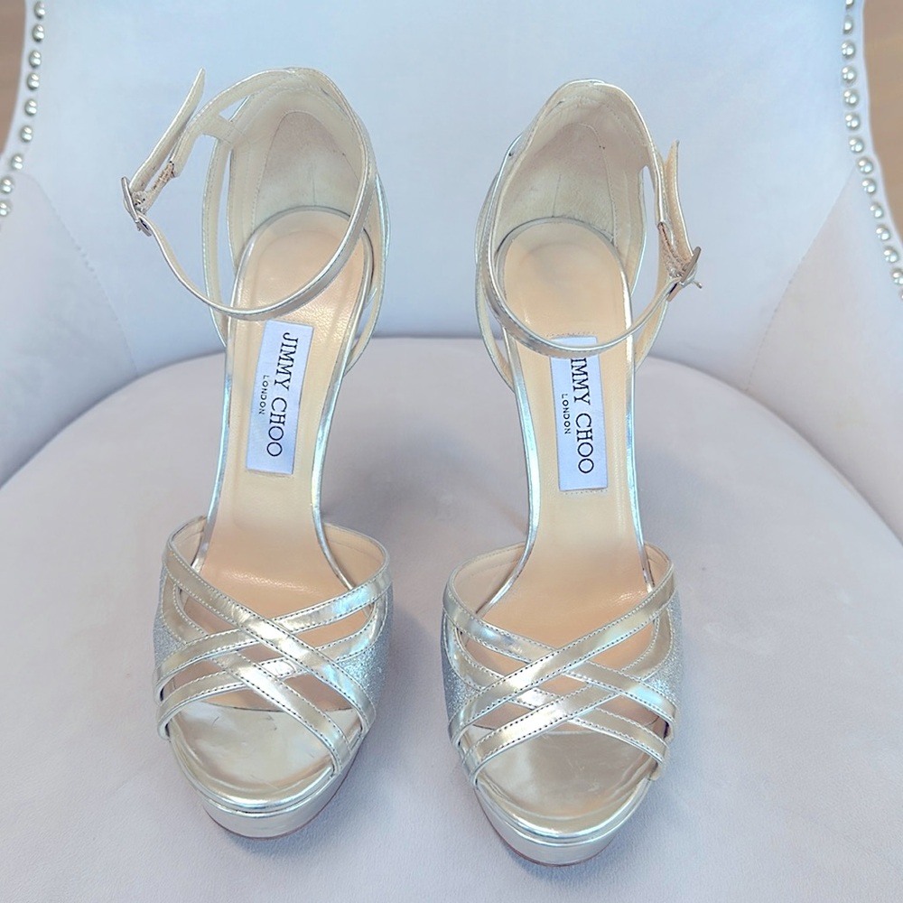 Jimmy Choo Laurita Silver Metallic Ankle Strap Platform Sandals Size 38